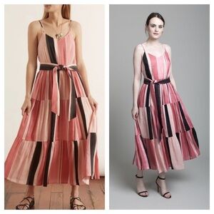 APIECE APART / NWT Striped Linen Silk Tiered Midi Dress Pink sunset papaya Tie 8
